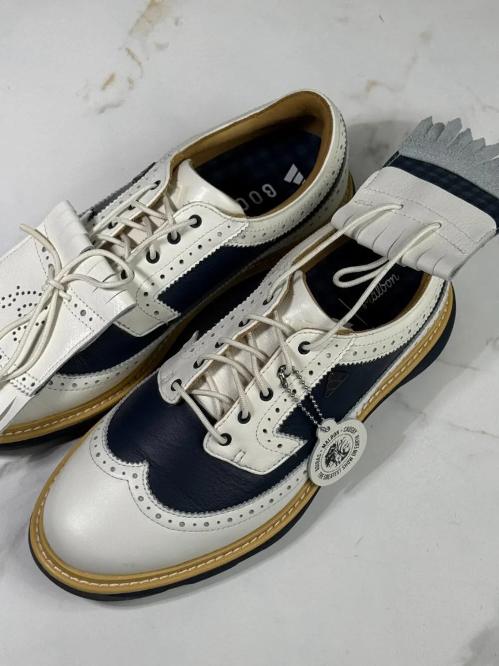 Adidas x Malbon MC87 Spikeless Leather Golf Shoes, US Mens 7, White Navy